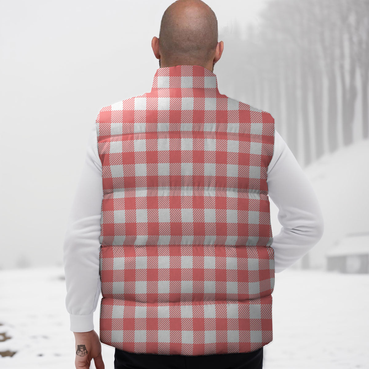 Buffalo Check White And Pink Print Down Vest