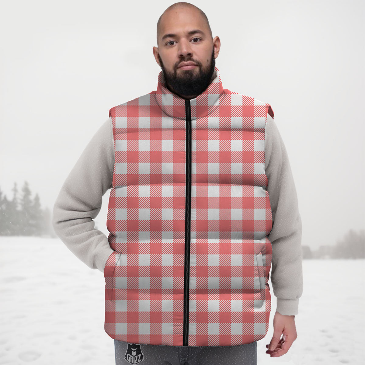 Buffalo Check White And Pink Print Down Vest