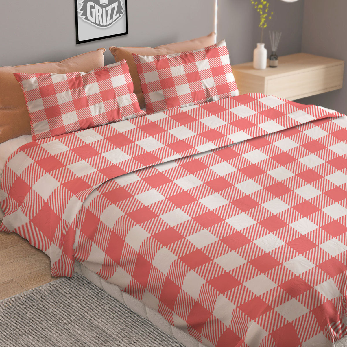 Buffalo Check White And Pink Print Duvet Cover Bedding Set