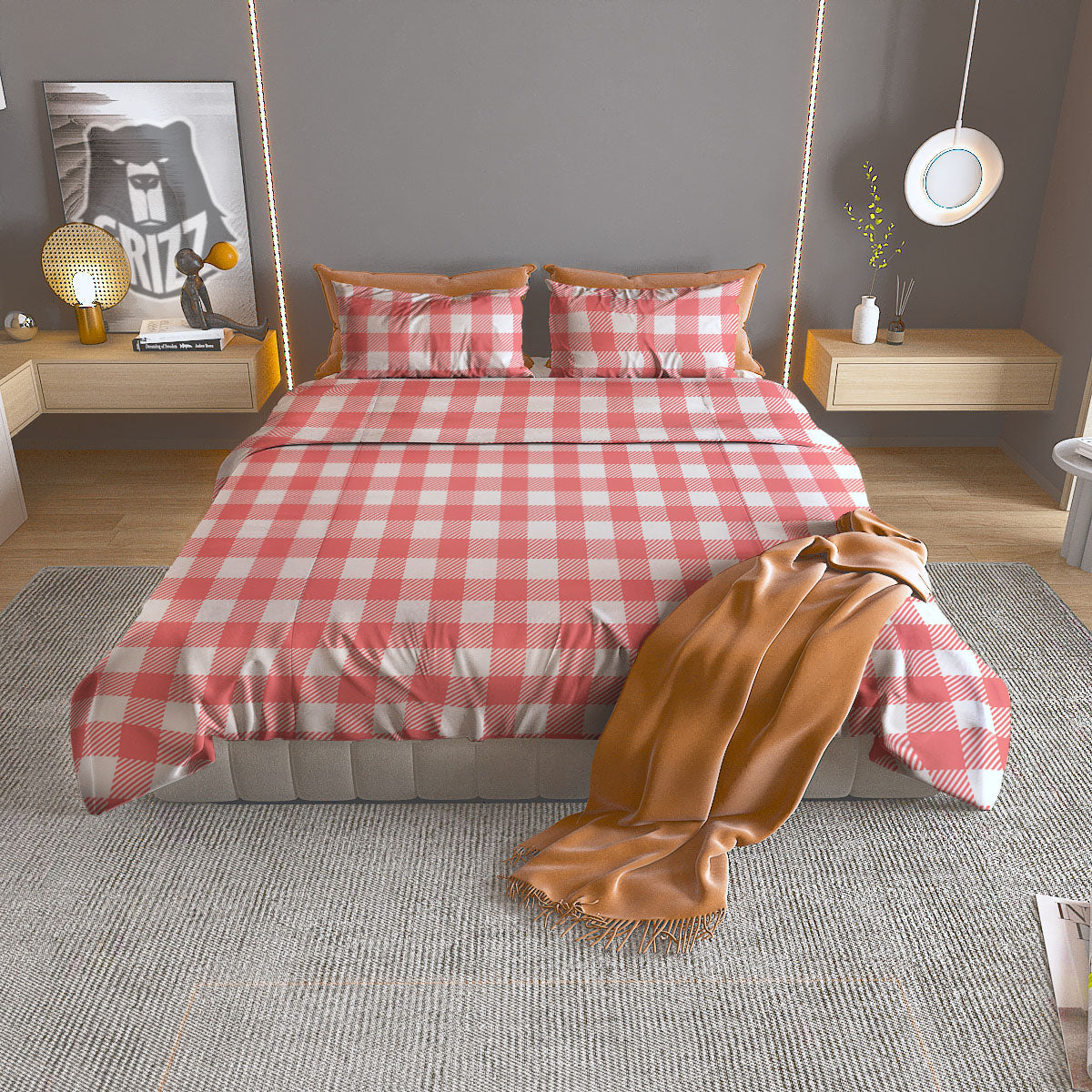 Buffalo Check White And Pink Print Duvet Cover Bedding Set