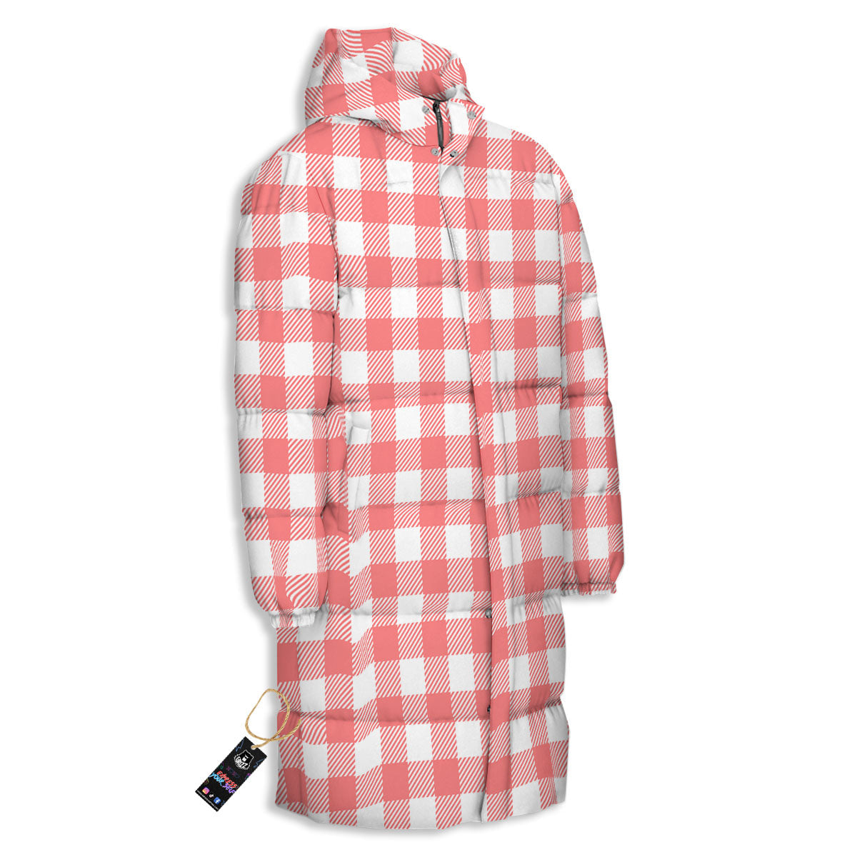 Buffalo Check White And Pink Print Long Down Jacket-grizzshop
