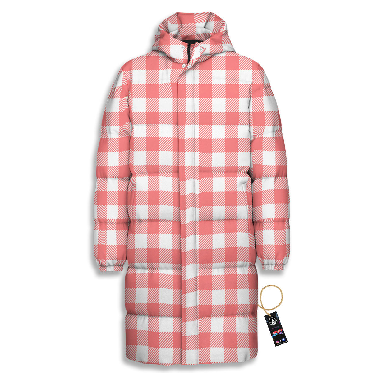 Buffalo Check White And Pink Print Long Down Jacket-grizzshop