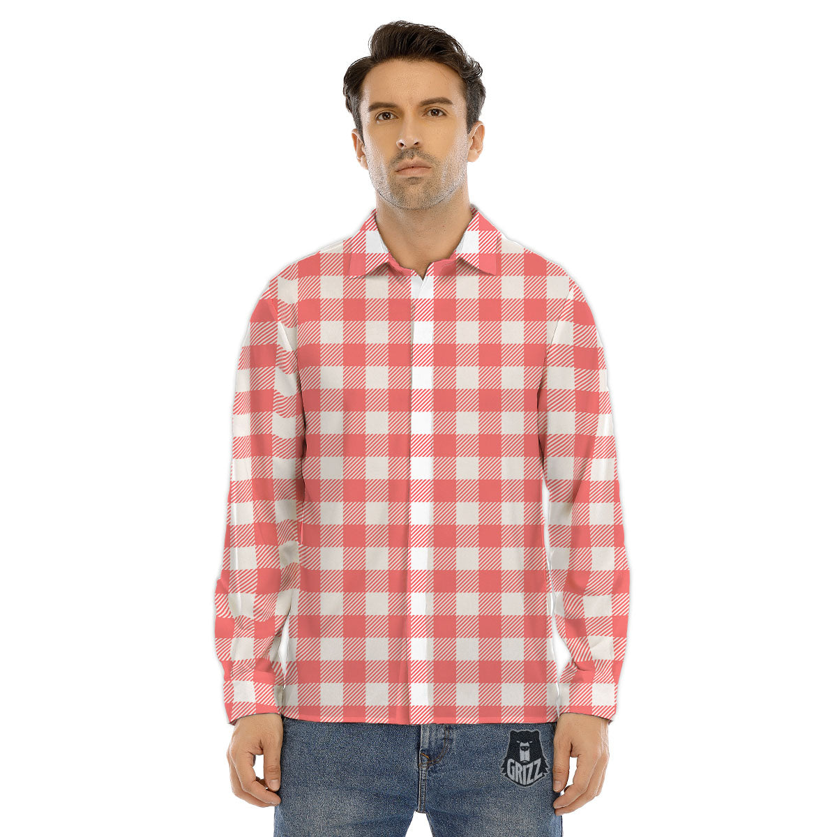 Buffalo Check White And Pink Print Men's Dress Shirts-grizzshop