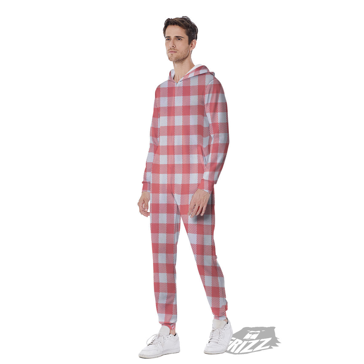 Buffalo Check White And Pink Print Men's Jumpsuit-grizzshop