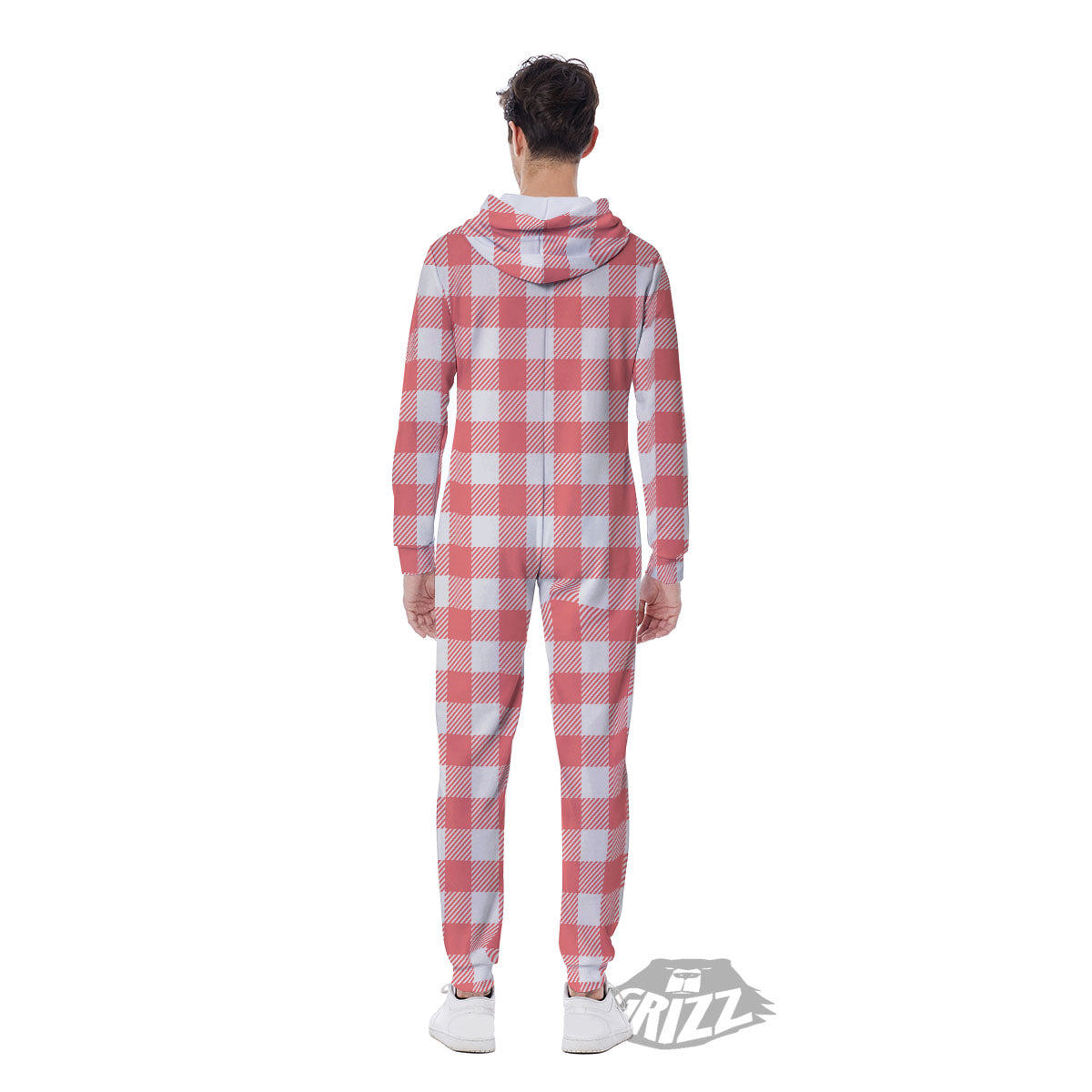 Buffalo Check White And Pink Print Men's Jumpsuit-grizzshop