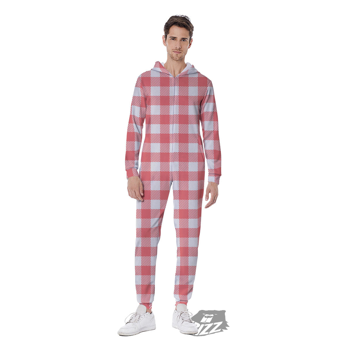 Buffalo Check White And Pink Print Men's Jumpsuit-grizzshop