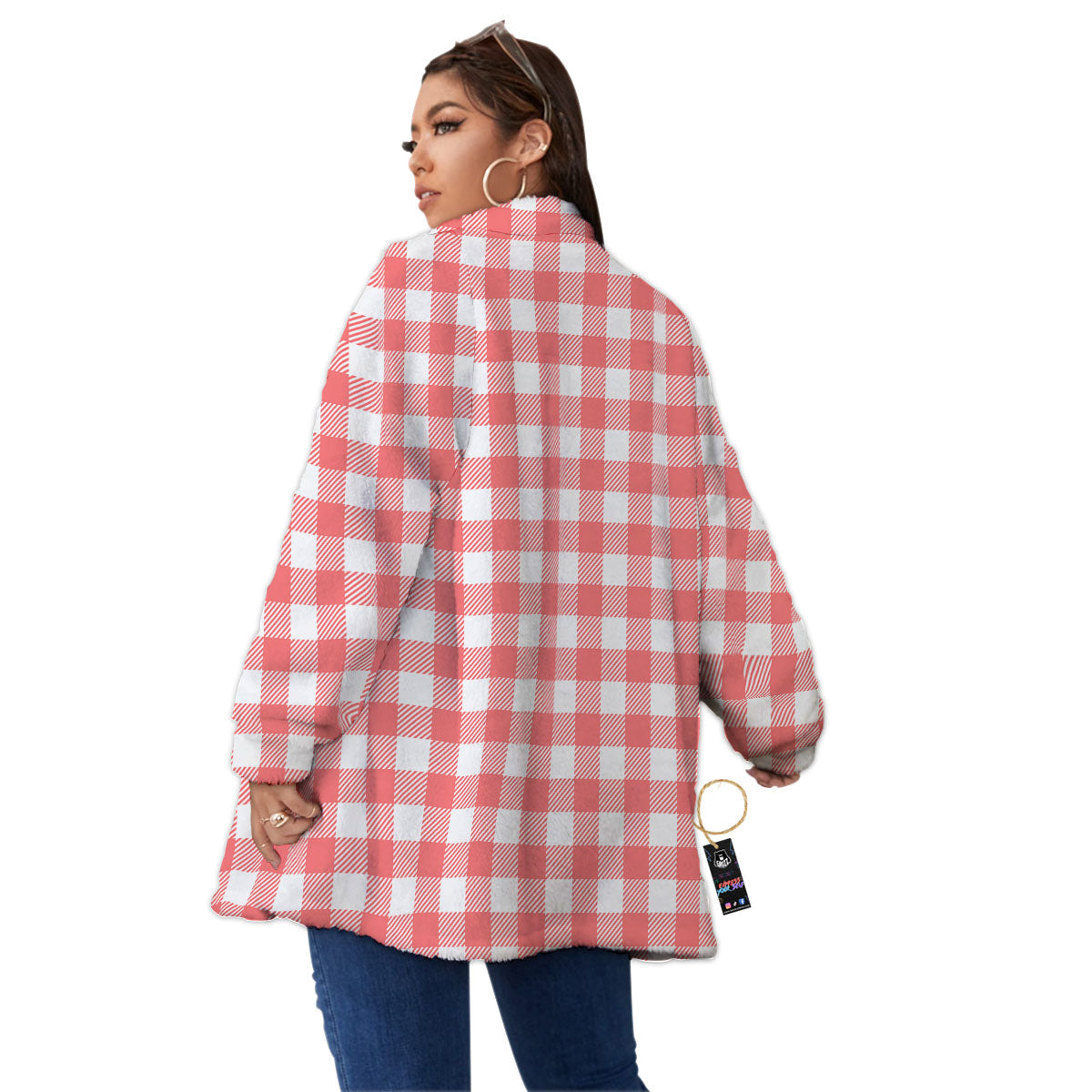 Buffalo Check White And Pink Print Women's Sherpa Jacket-grizzshop