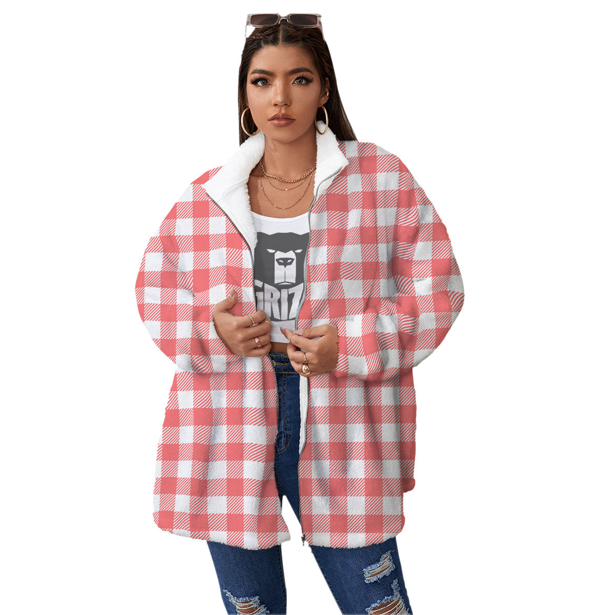 Buffalo Check White And Pink Print Women's Sherpa Jacket-grizzshop