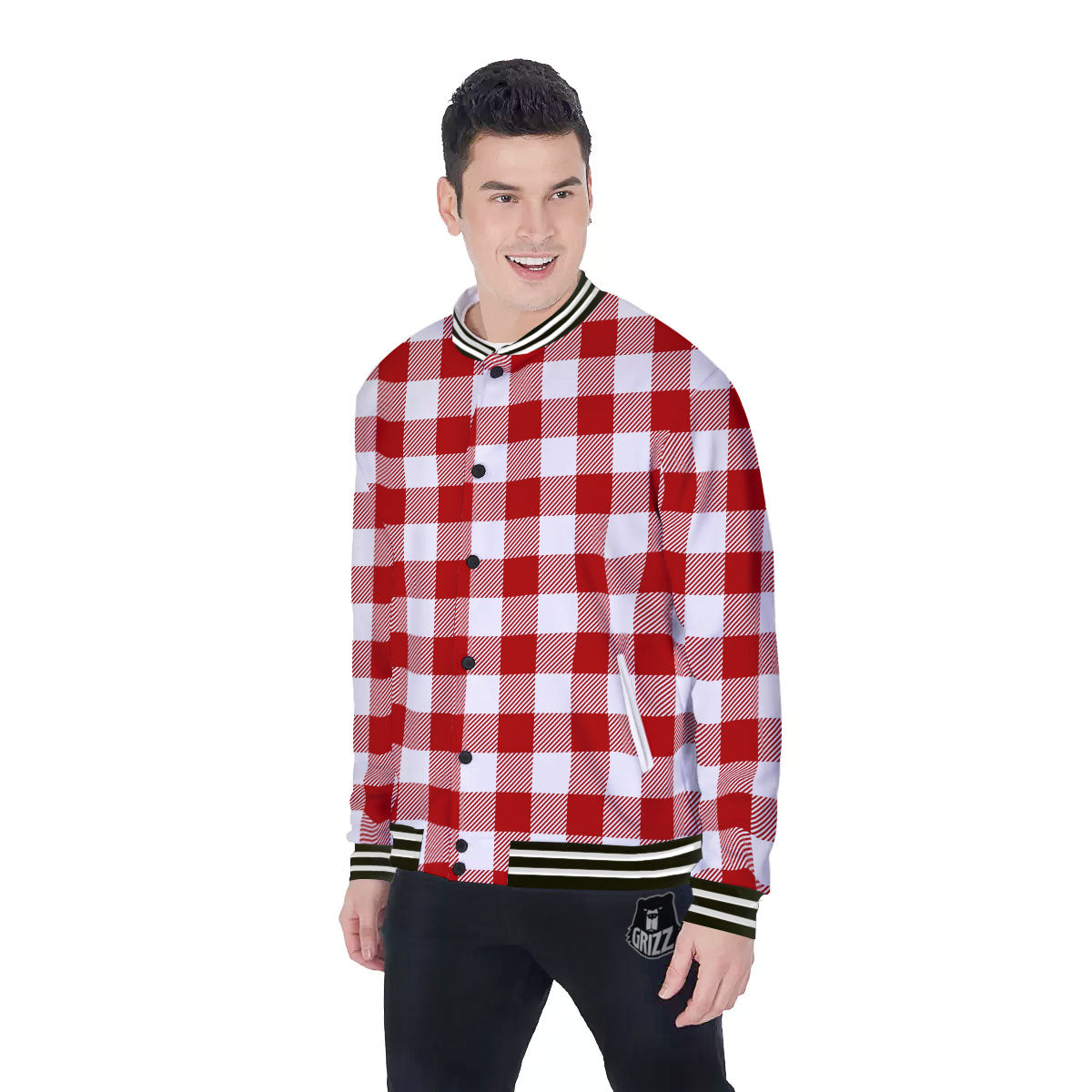 Buffalo Check White And Red Print Baseball Jacket-grizzshop