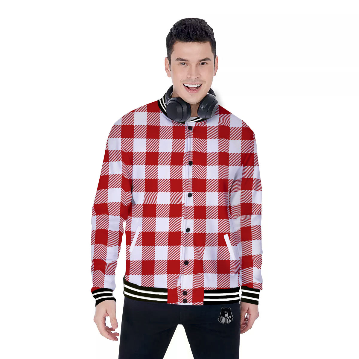 Buffalo Check White And Red Print Baseball Jacket-grizzshop