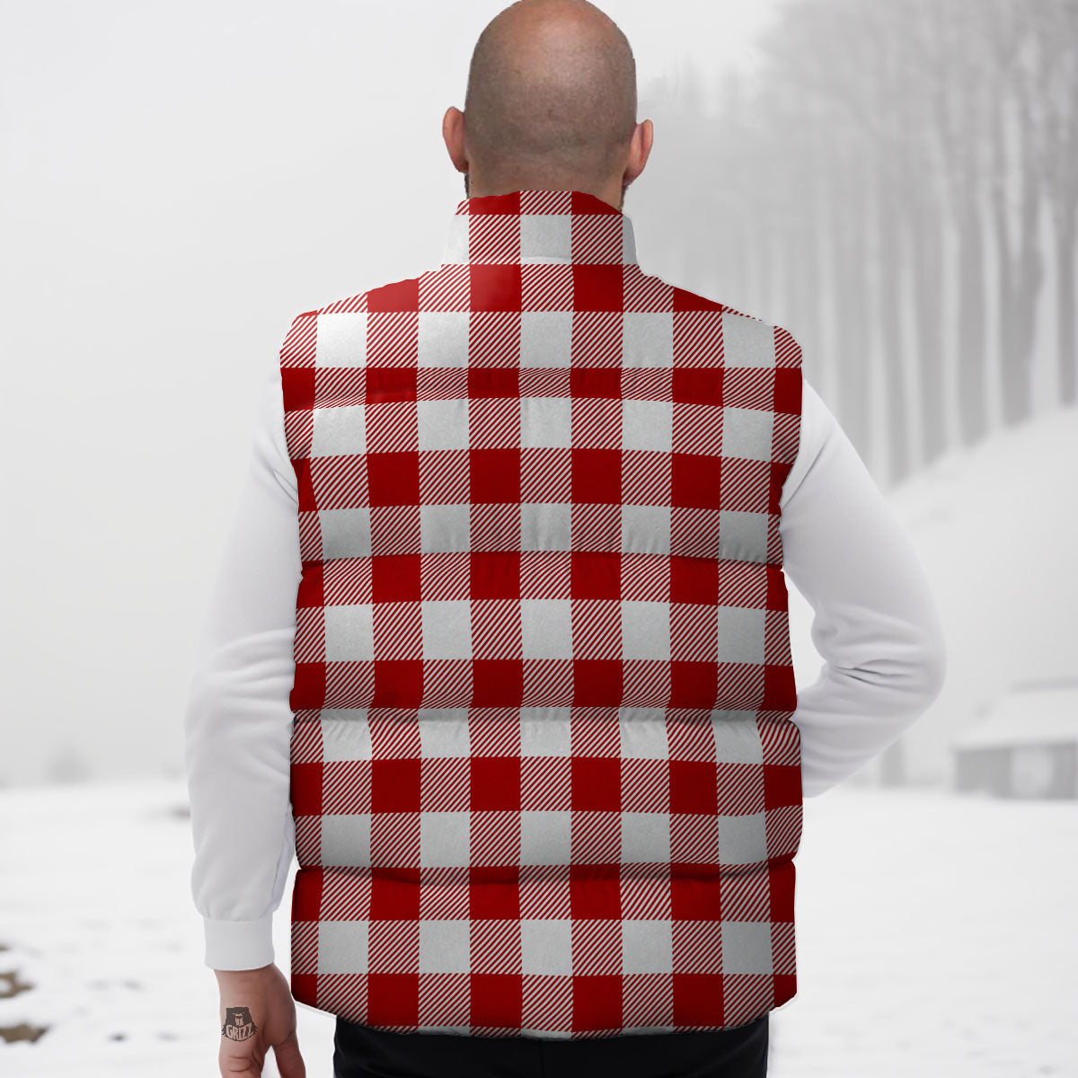 Buffalo Check White And Red Print Down Vest