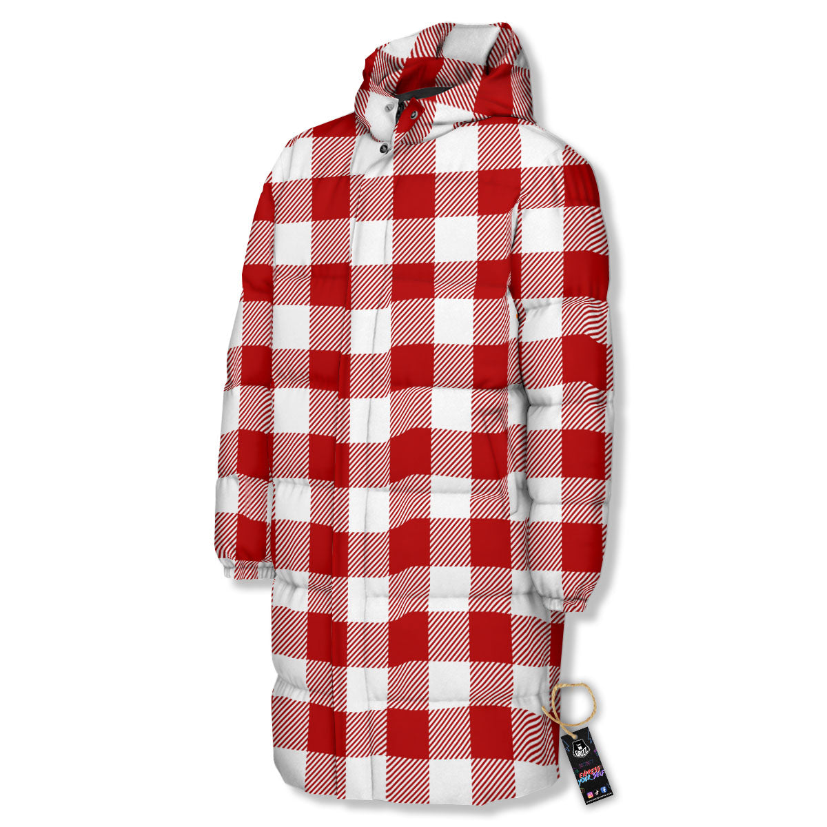 Buffalo Check White And Red Print Long Down Jacket-grizzshop