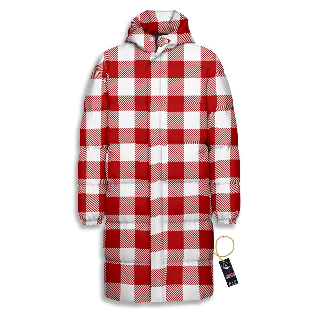 Buffalo Check White And Red Print Long Down Jacket-grizzshop