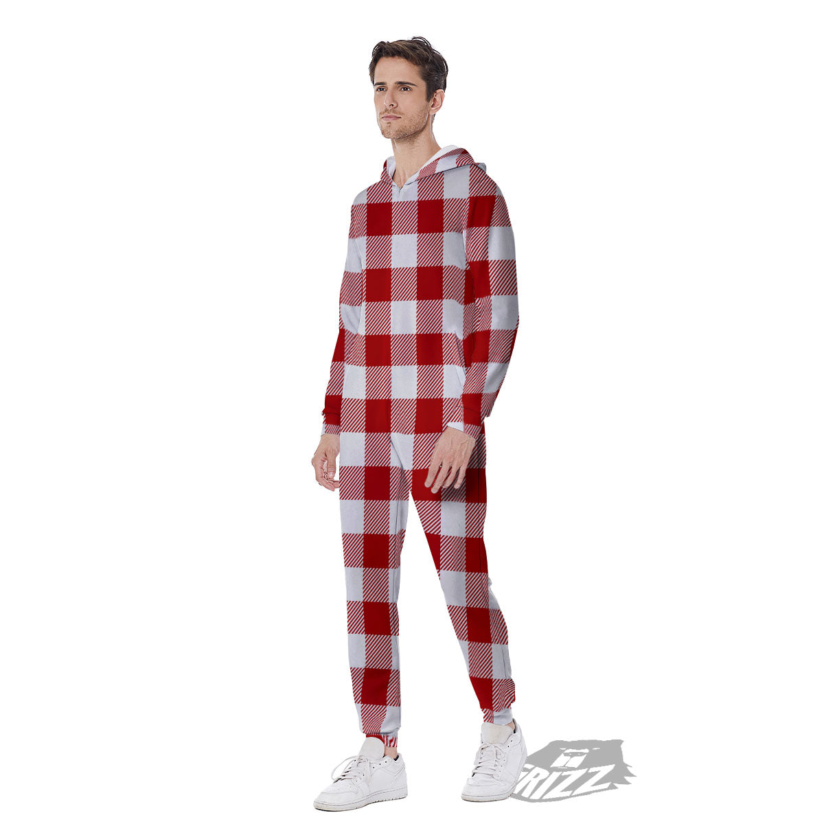 Buffalo Check White And Red Print Men's Jumpsuit-grizzshop