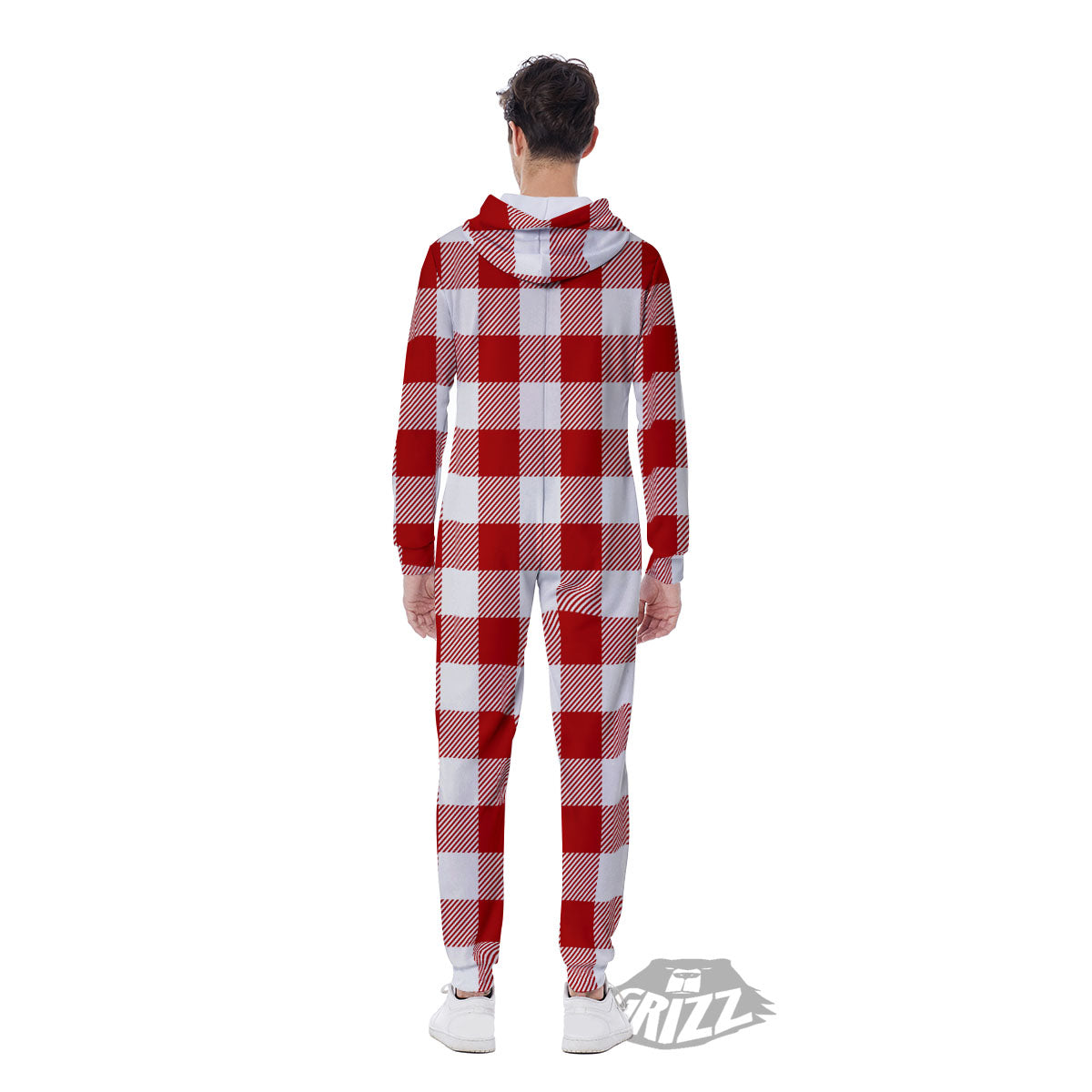 Buffalo Check White And Red Print Men's Jumpsuit-grizzshop