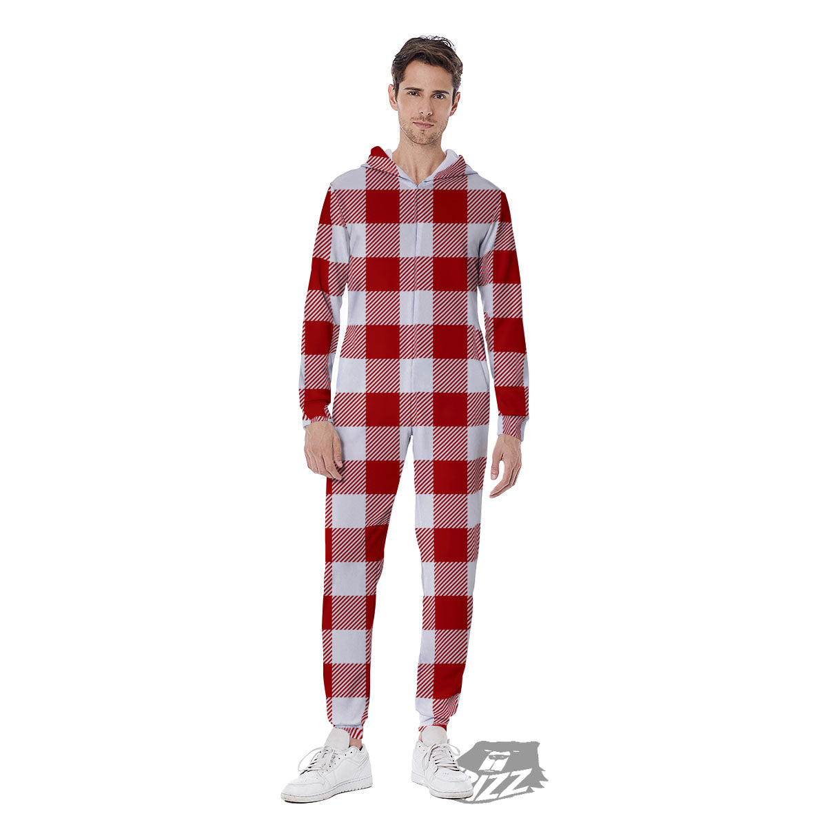 Buffalo Check White And Red Print Men's Jumpsuit-grizzshop