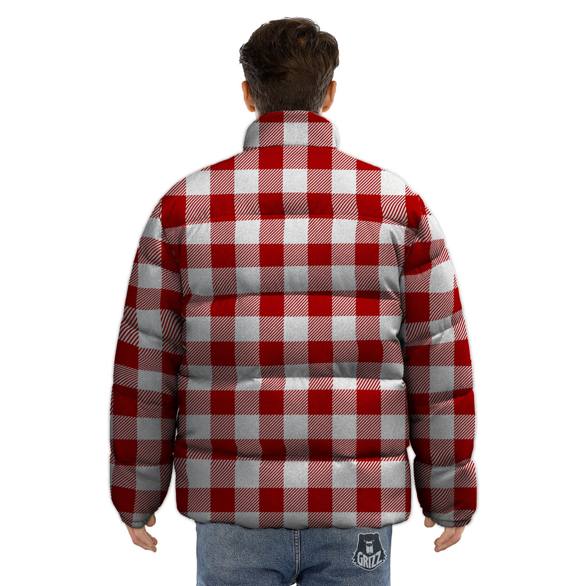 Buffalo Check White And Red Print Puffer Jacket-grizzshop