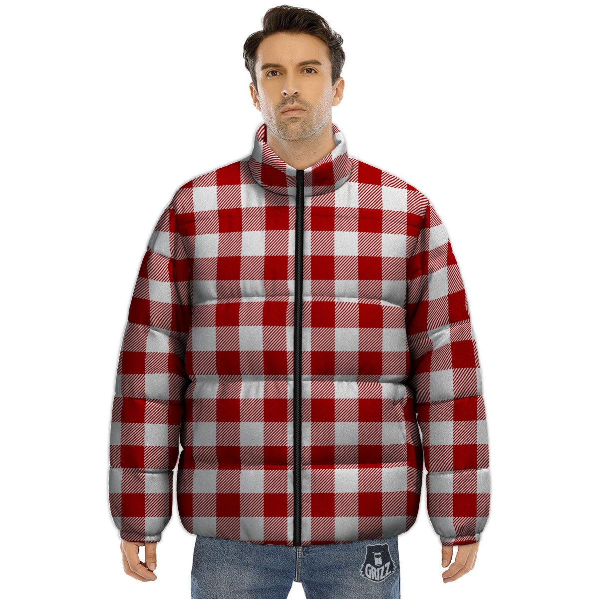 Buffalo Check White And Red Print Puffer Jacket-grizzshop