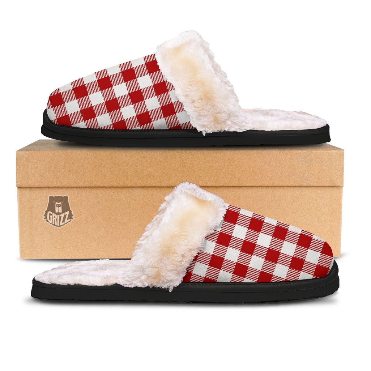 Buffalo Check White And Red Print Slippers-grizzshop