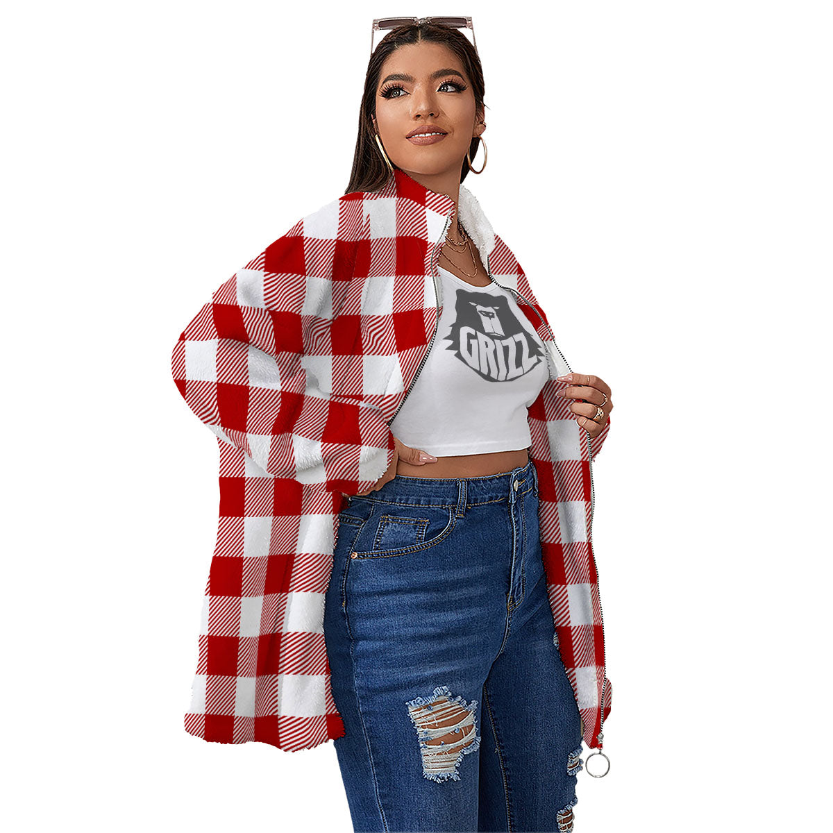 Buffalo Check White And Red Print Women's Sherpa Jacket-grizzshop