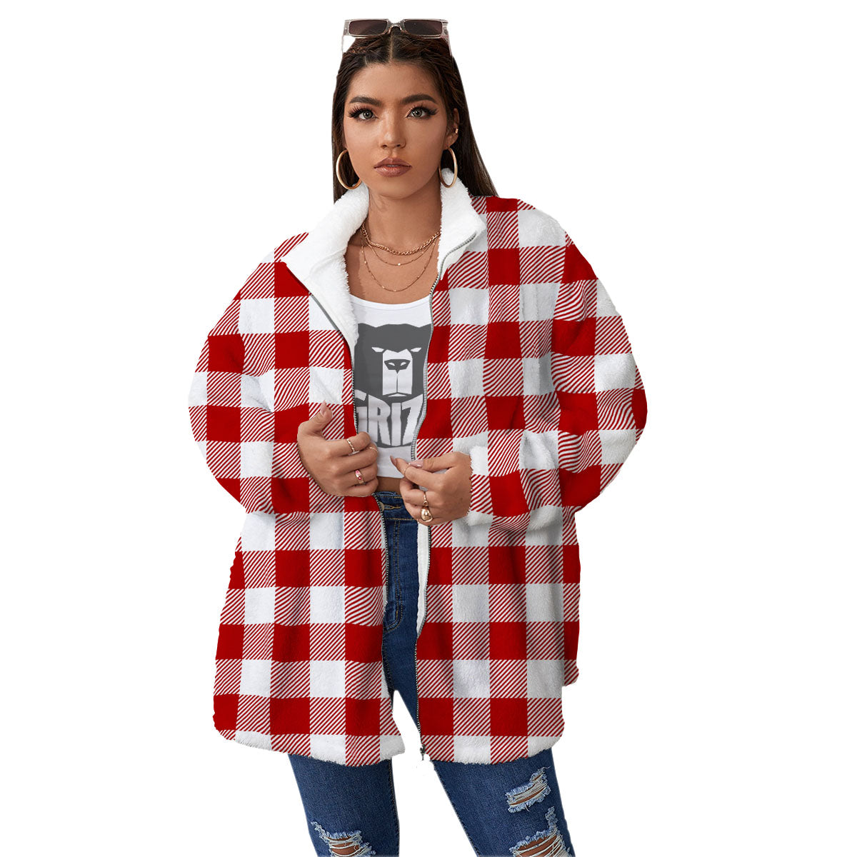 Buffalo Check White And Red Print Women's Sherpa Jacket-grizzshop