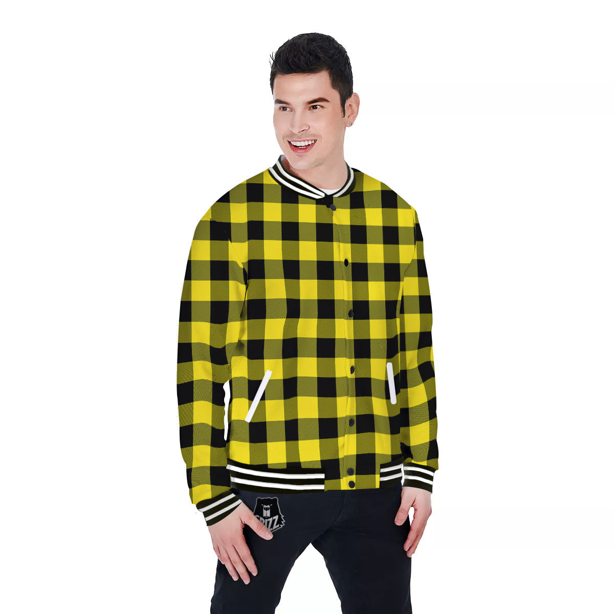 Buffalo Check Yellow And Black Print Pattern Baseball Jacket-grizzshop