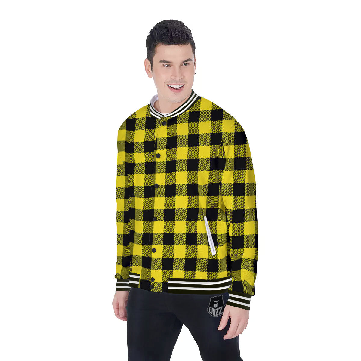 Buffalo Check Yellow And Black Print Pattern Baseball Jacket-grizzshop