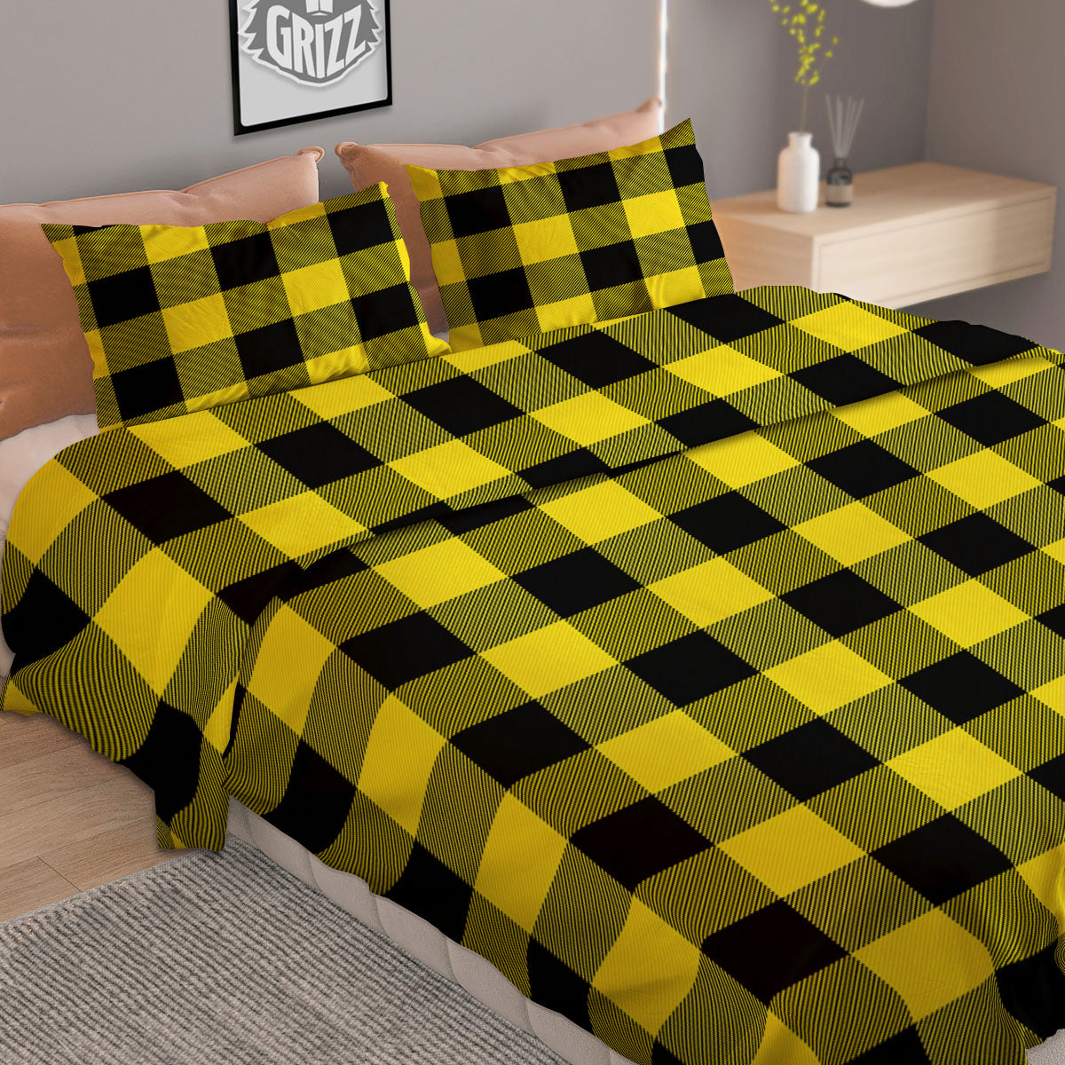 Buffalo Check Yellow And Black Print Pattern Duvet Cover Bedding Set