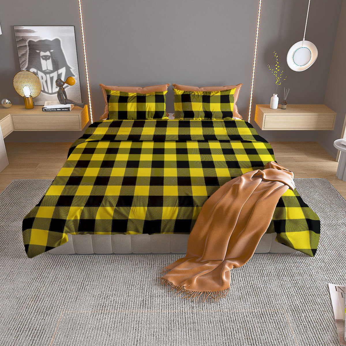 Buffalo Check Yellow And Black Print Pattern Duvet Cover Bedding Set