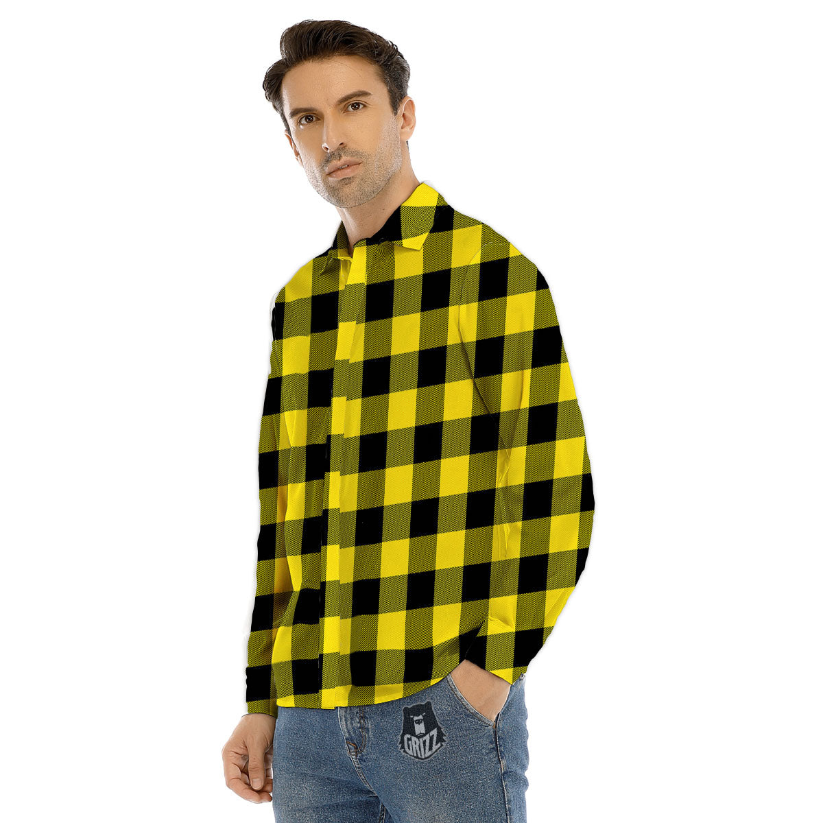Buffalo Check Yellow And Black Print Pattern Men's Dress Shirts-grizzshop