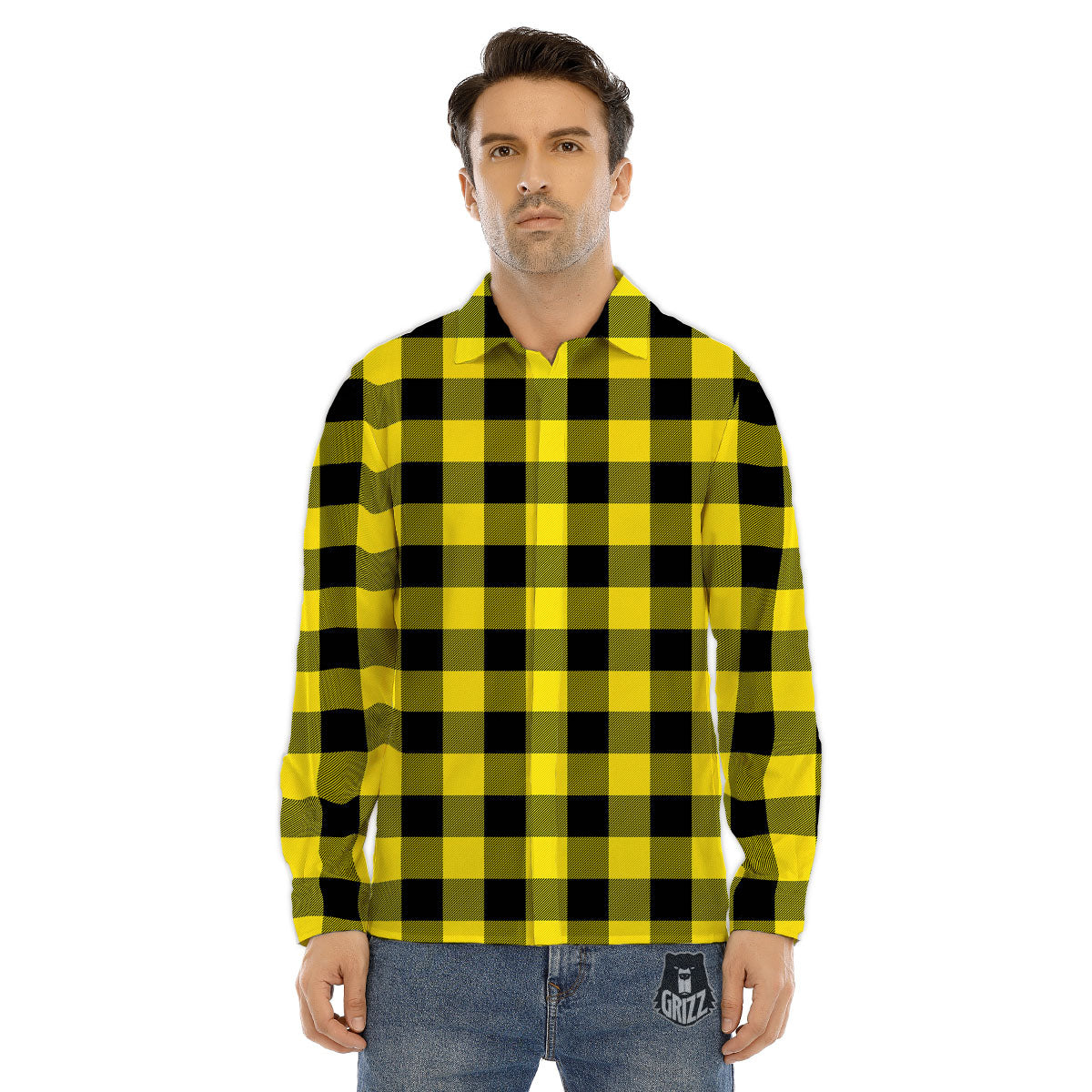Buffalo Check Yellow And Black Print Pattern Men's Dress Shirts-grizzshop