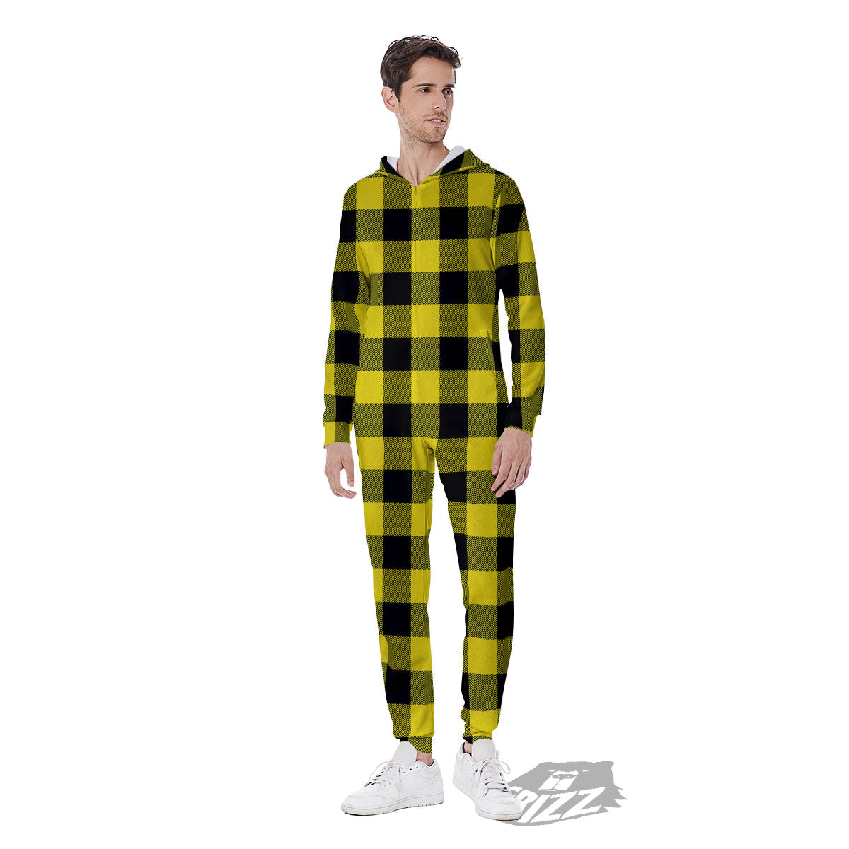 Buffalo Check Yellow And Black Print Pattern Men's Jumpsuit-grizzshop