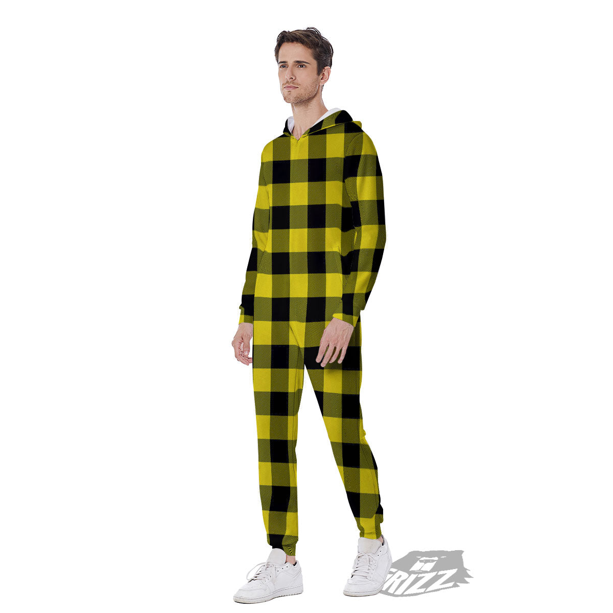 Buffalo Check Yellow And Black Print Pattern Men's Jumpsuit-grizzshop