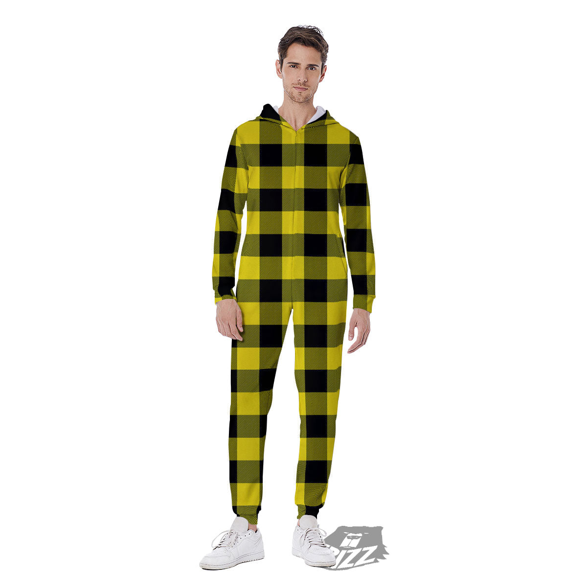 Buffalo Check Yellow And Black Print Pattern Men's Jumpsuit-grizzshop