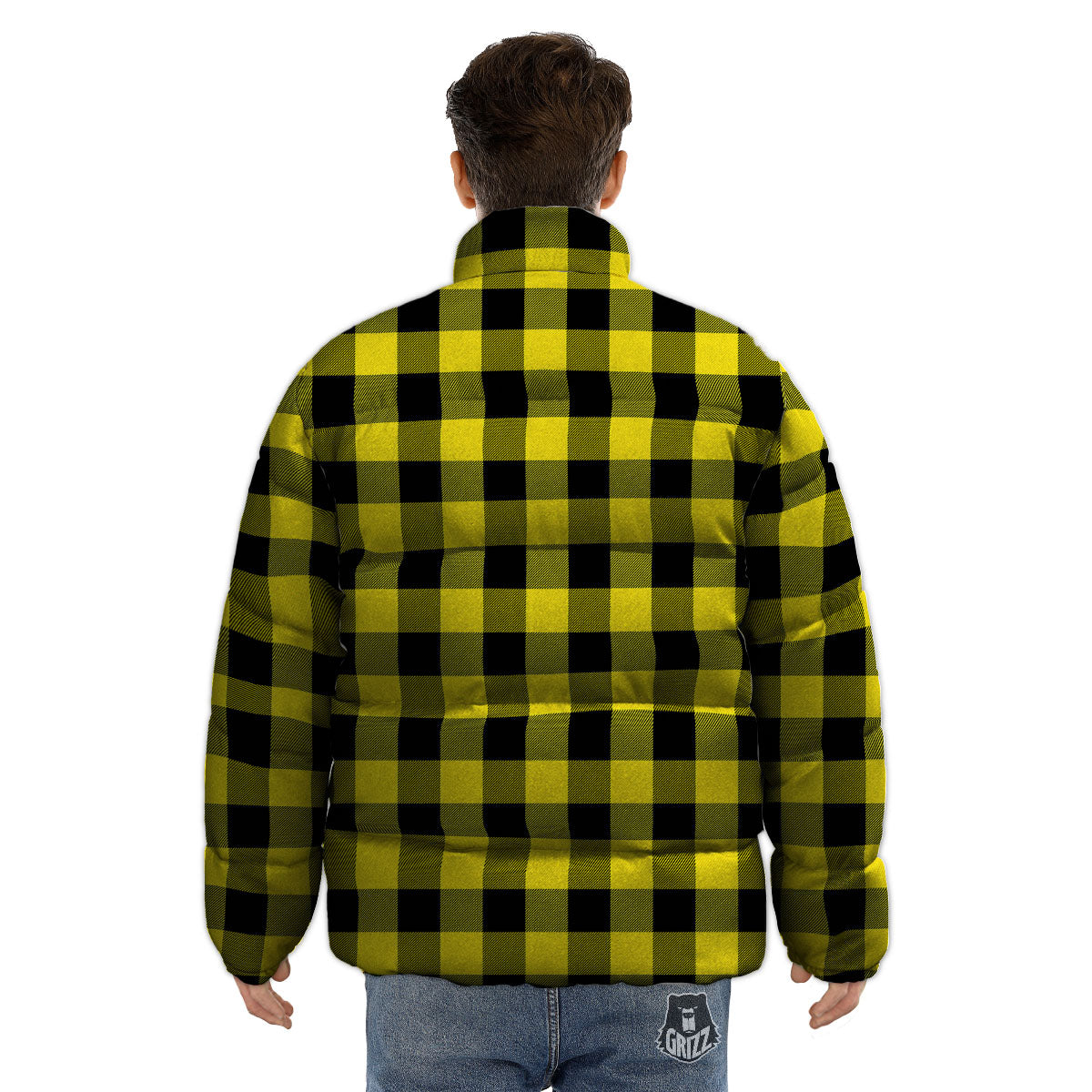 Buffalo Check Yellow And Black Print Pattern Puffer Jacket-grizzshop