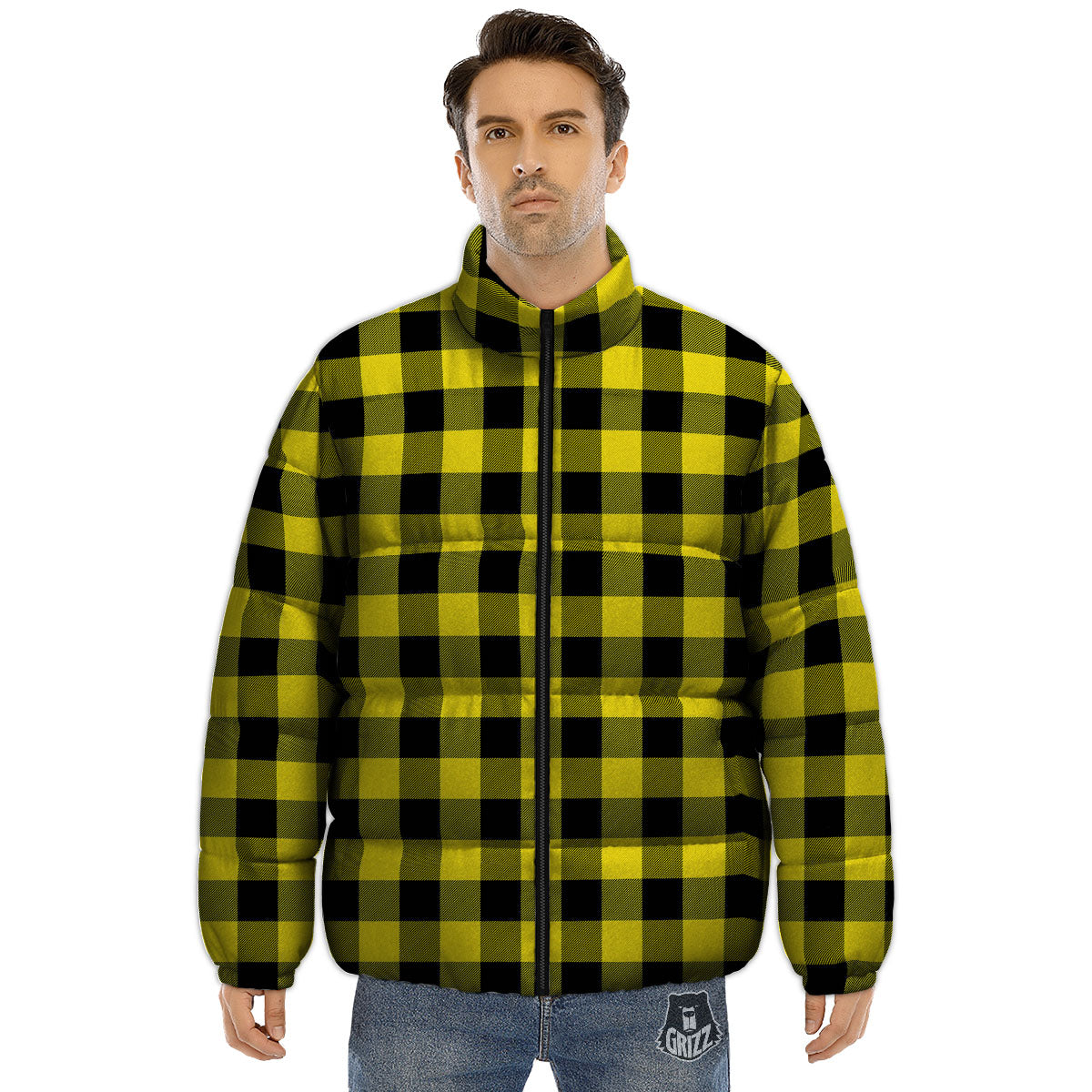 Buffalo Check Yellow And Black Print Pattern Puffer Jacket-grizzshop