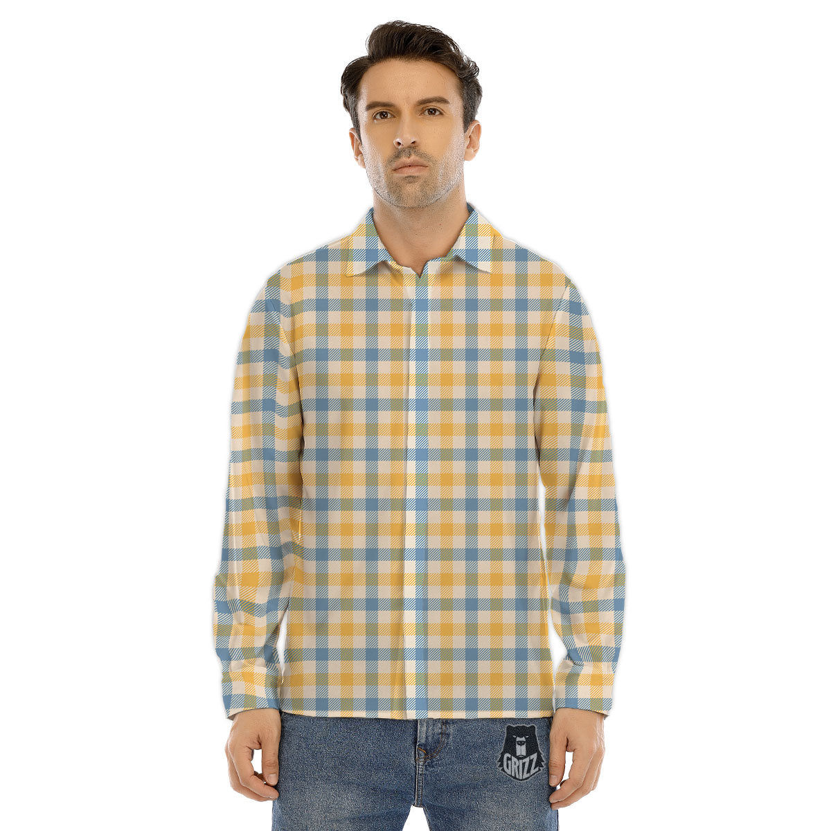 Buffalo Check Yellow And Blue Print Men's Dress Shirts-grizzshop