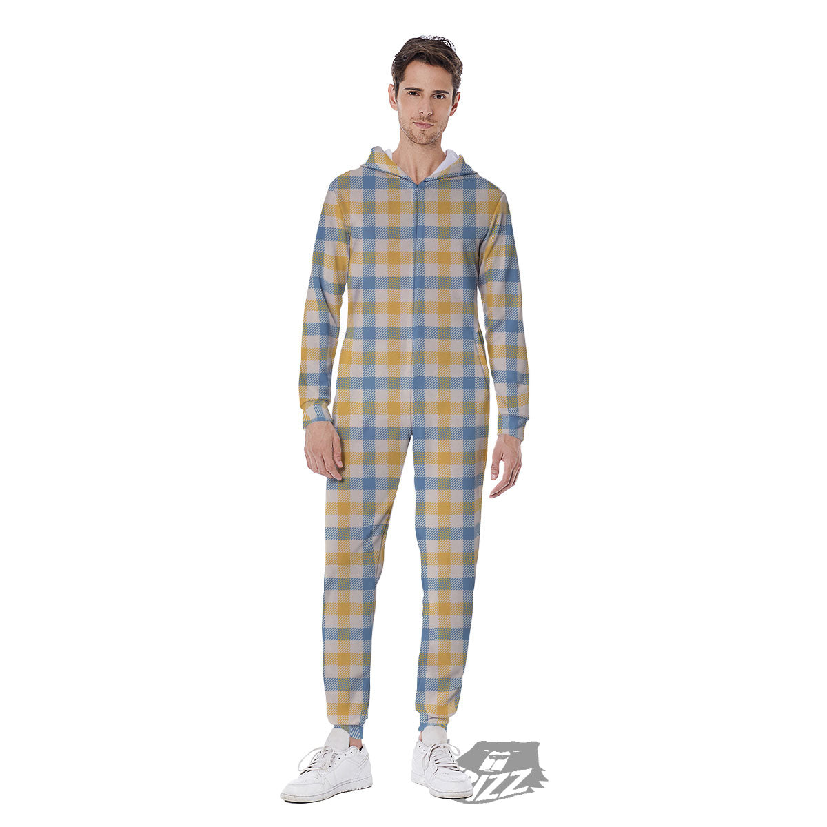 Buffalo Check Yellow And Blue Print Men's Jumpsuit-grizzshop