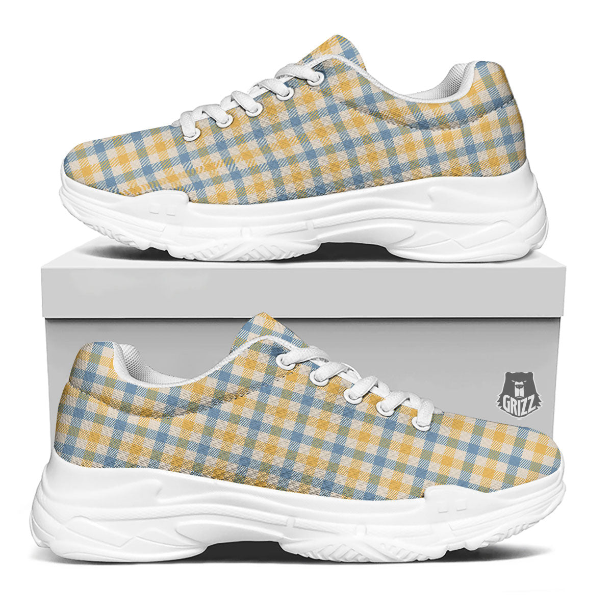 Buffalo Check Yellow And Blue Print White Chunky Shoes-grizzshop