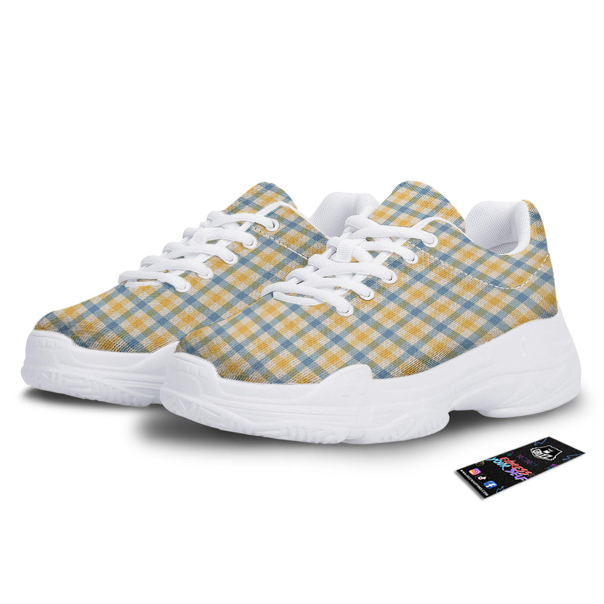 Buffalo Check Yellow And Blue Print White Chunky Shoes-grizzshop