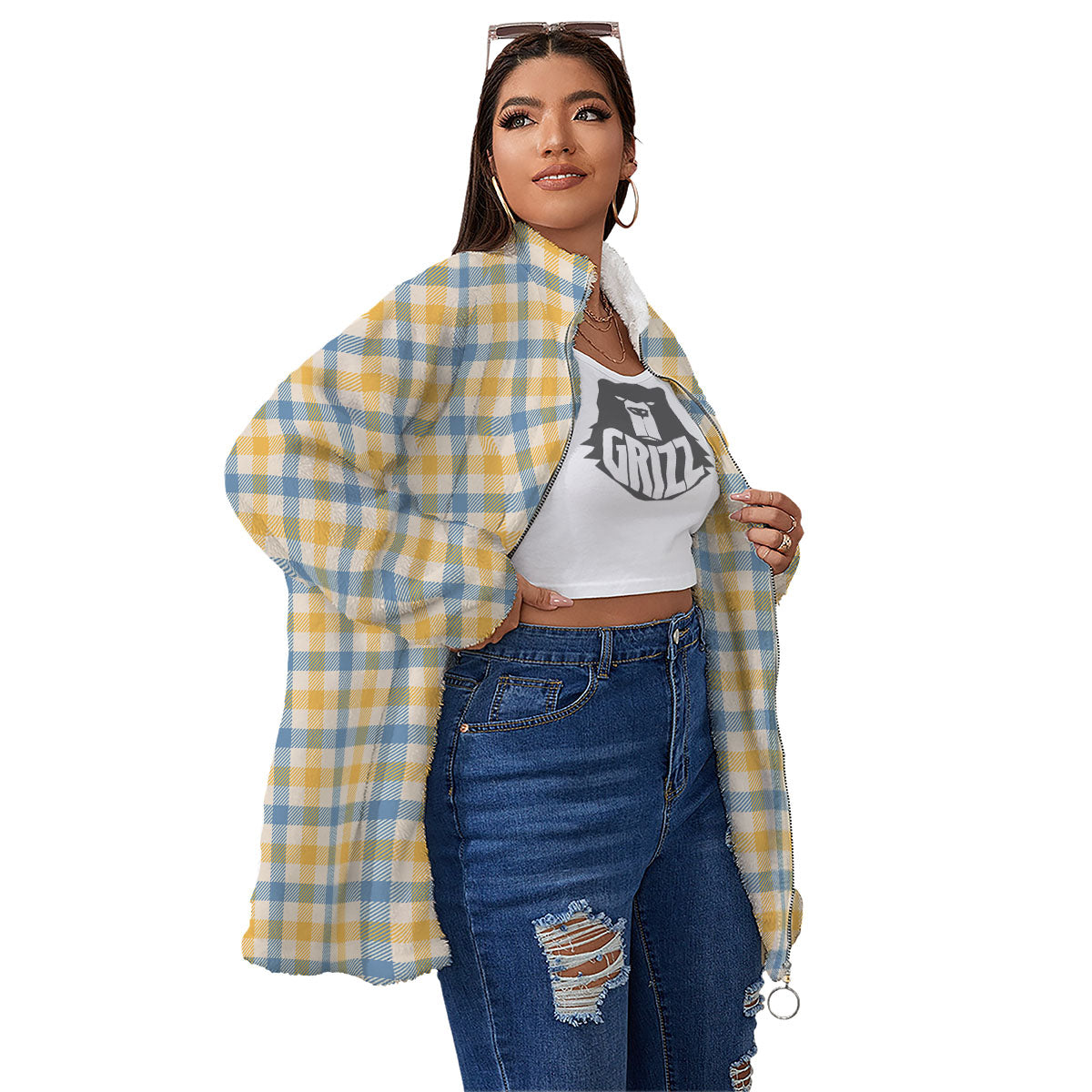 Buffalo Check Yellow And Blue Print Women's Sherpa Jacket-grizzshop