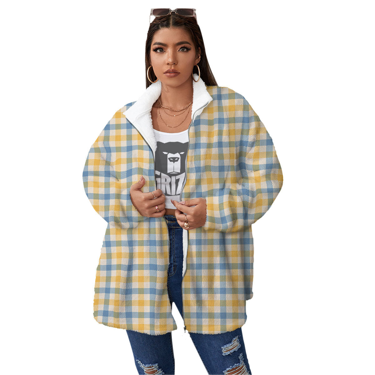 Buffalo Check Yellow And Blue Print Women's Sherpa Jacket-grizzshop