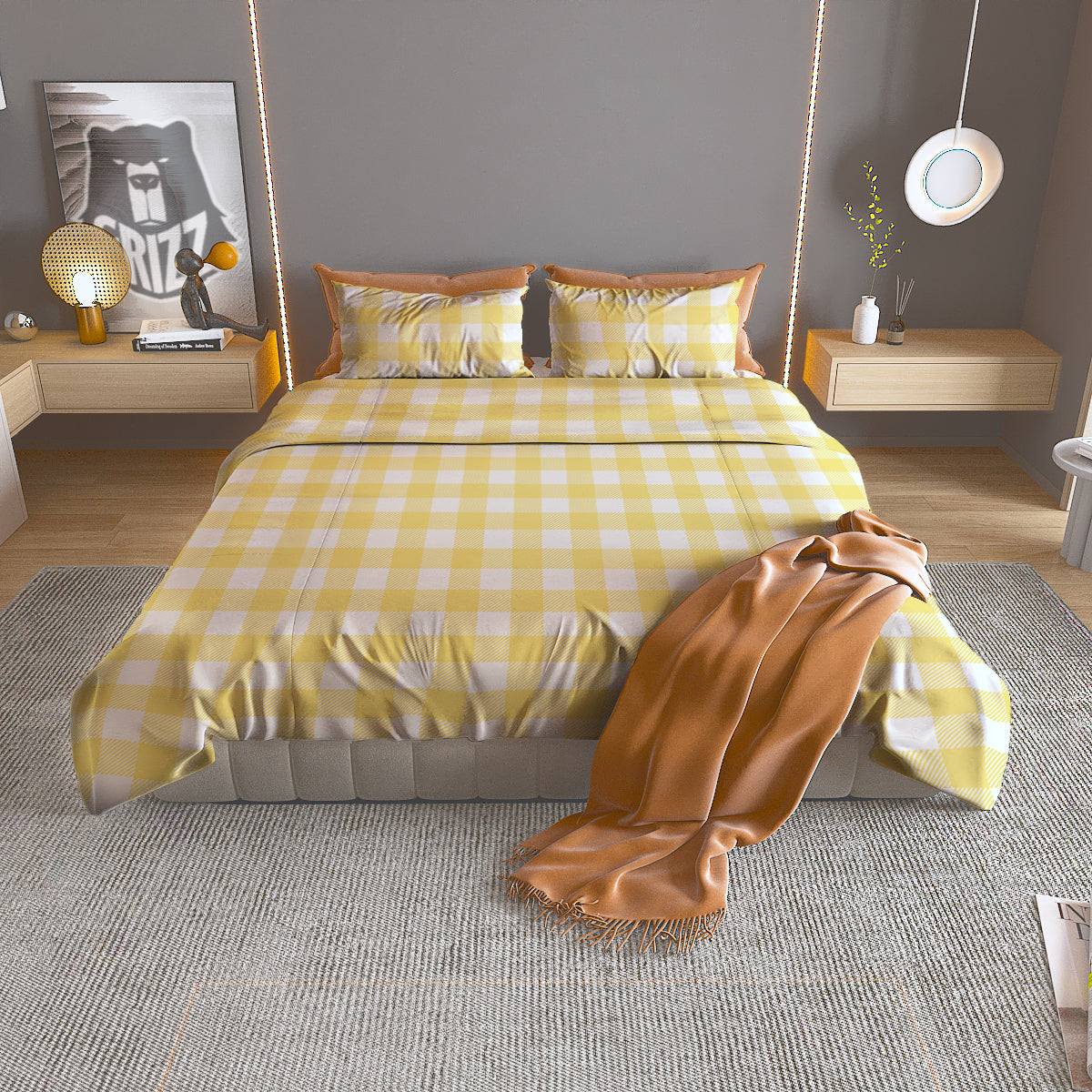 Buffalo Check Yellow And White Print Duvet Cover Bedding Set