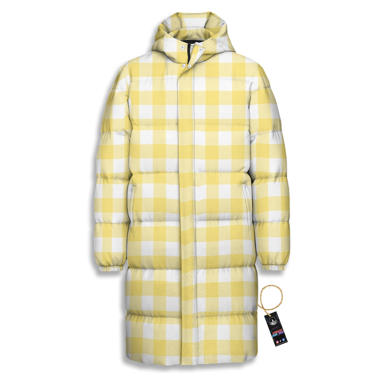 Buffalo Check Yellow And White Print Long Down Jacket-grizzshop