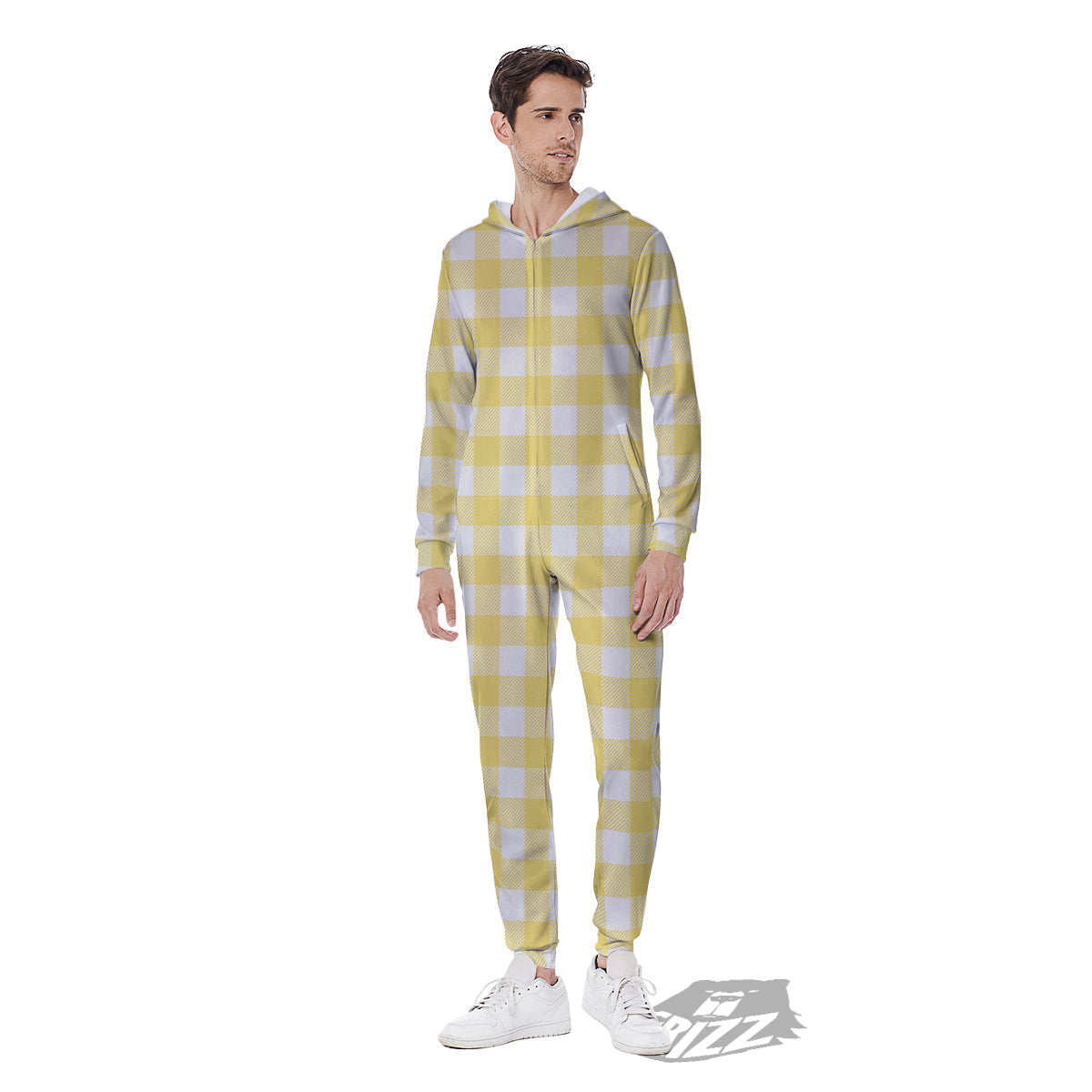 Buffalo Check Yellow And White Print Men's Jumpsuit-grizzshop