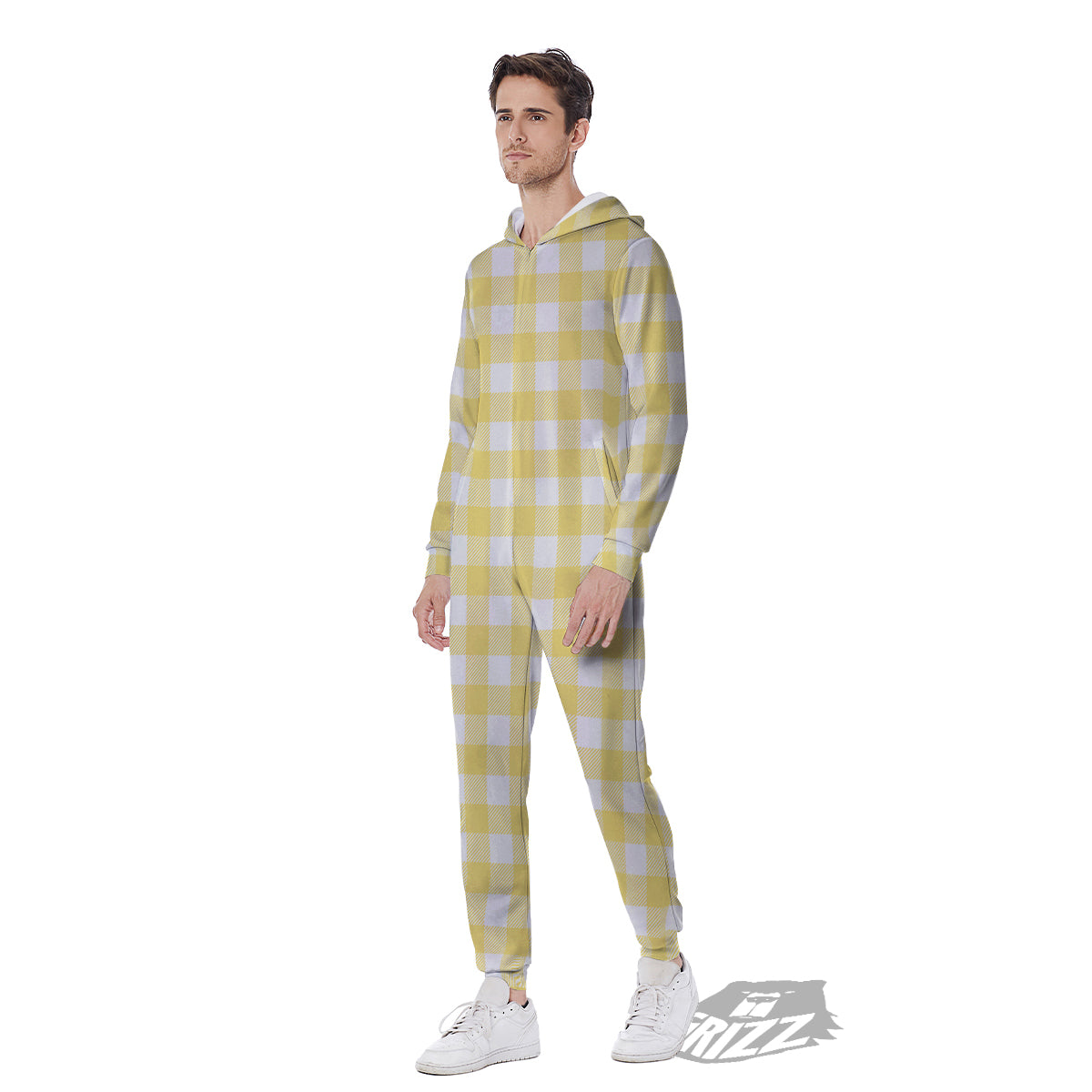 Buffalo Check Yellow And White Print Men's Jumpsuit-grizzshop