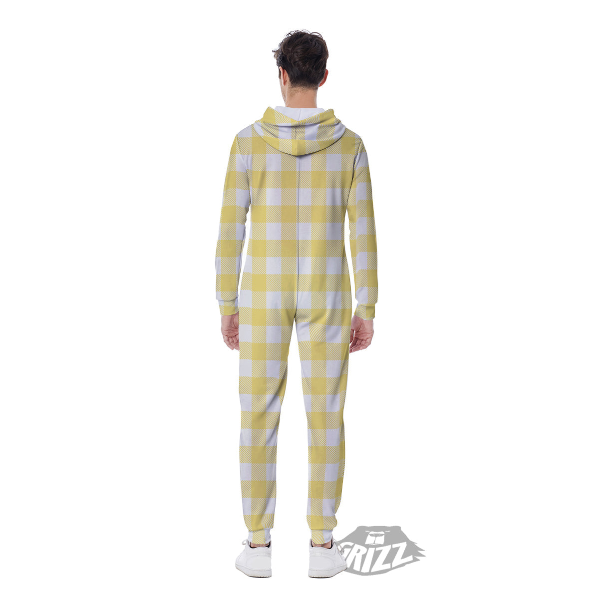 Buffalo Check Yellow And White Print Men's Jumpsuit-grizzshop