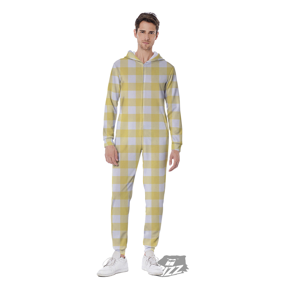 Buffalo Check Yellow And White Print Men's Jumpsuit-grizzshop