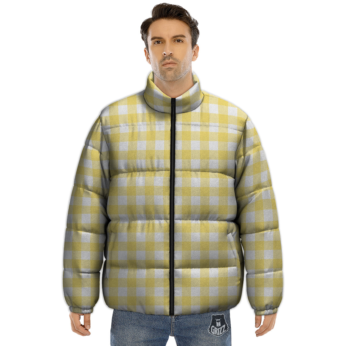 Buffalo Check Yellow And White Print Puffer Jacket-grizzshop