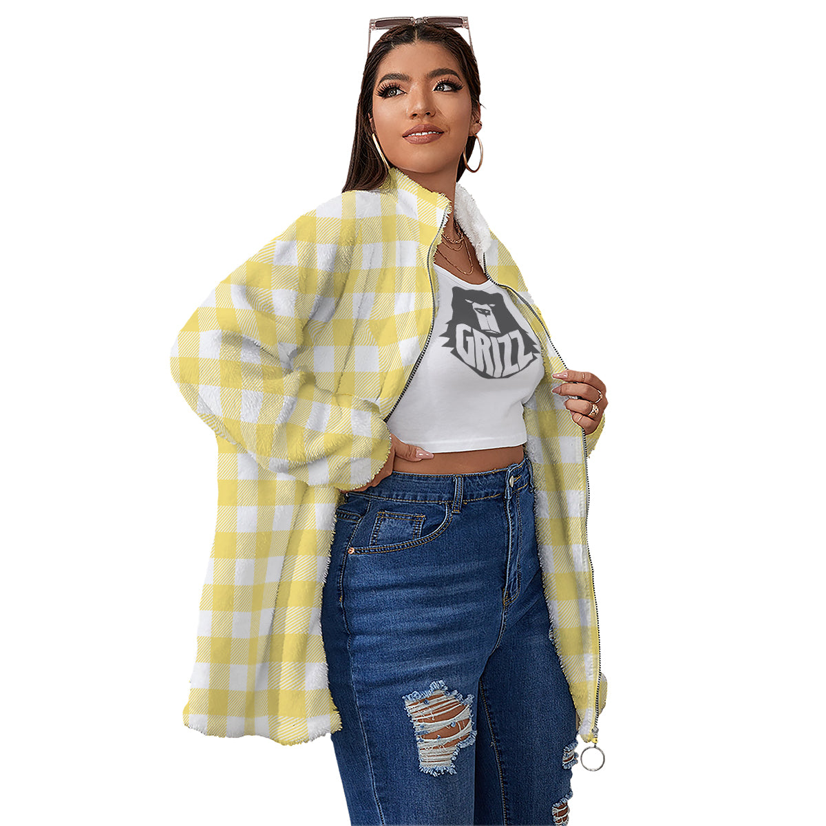 Buffalo Check Yellow And White Print Women's Sherpa Jacket-grizzshop